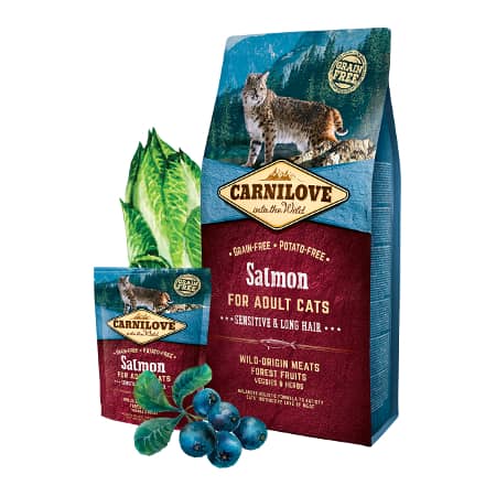 CARNILOVE CAT SENSITIVE & LONG HAIR SALMON bezgraudu sausā kaķu barība Lasis 2kg